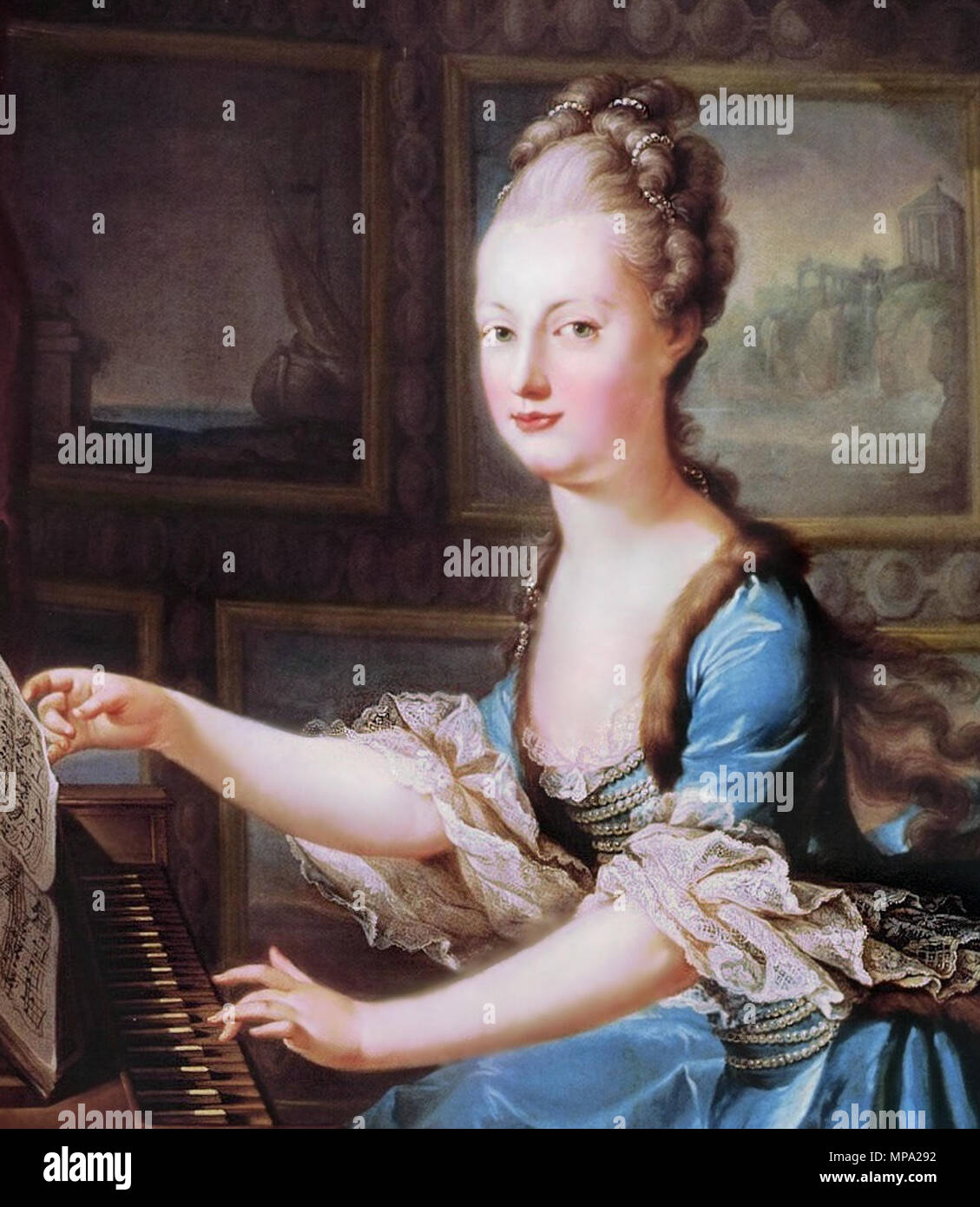Allemand : Erzherzogin Maria Antonia suis épinette Archiduchesse Maria Antonia à l'Epinette . peint peu avant son mariage . vers 1769. 861 MarieAntoinette1769-70 (rognée) Banque D'Images