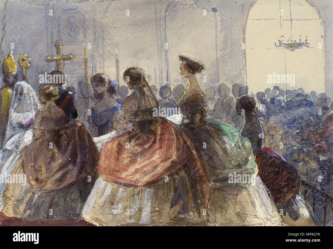 . Anglais : Mariage de Stéphanie reine de Portugal (ch. 1858), par Victoria, Princesse royale. Stéphanie de Hohenzollern-Sigmaringen fut mariée au roi Pedro V du Portugal par procuration le 29 avril 1858 à la Cathédrale de Saint Hedwig de Berlin. La princesse Victoria, qui avait déménagé à la Prusse à la suite de son propre mariage en février 1858, était présent à la cérémonie. Português : Casamento de D. Estefânia, reine de Portugal (ch. 1858), por Vitória, Princesa do Reino Unido réel. Estefânia de Hohenzollern-Sigmaringen casou-se com D. Pedro V de Portugal, por aluguel, un 29 de Abril de 1858, na Catedral de Santa Edvig Banque D'Images