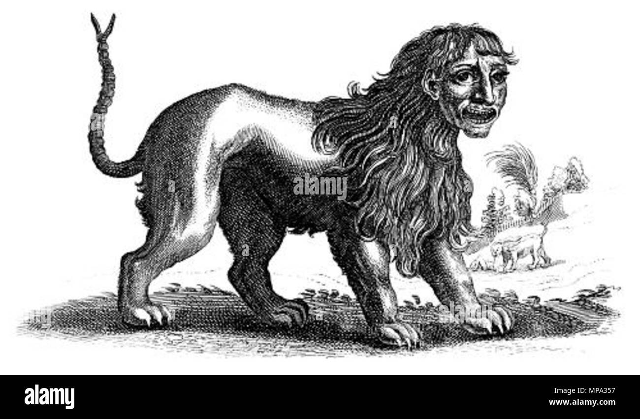 . 'La manticore, ou Martigora a été décrite par Pline et Aristote comme une créature avec le visage et les oreilles d'un humain, avec les yeux gris et un corps rouge ; une queue avec un aiguillon comme celle d'un scorpion, et d'être de la taille d'un lion, et avec un lion's paws, une triple rangée de dents et un appétit pour la chair humaine." . 1678. Ce fichier n'est pas informations sur l'auteur. Martigora 865 gravure Banque D'Images