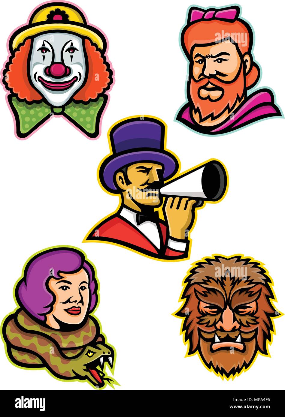 L'icône illustration mascotte ensemble de chefs d'artistes de cirque et de freaks comme la femme à barbe ou la femme, wolfman ou wolfboy, dame de serpent ou charmeur, continue Illustration de Vecteur