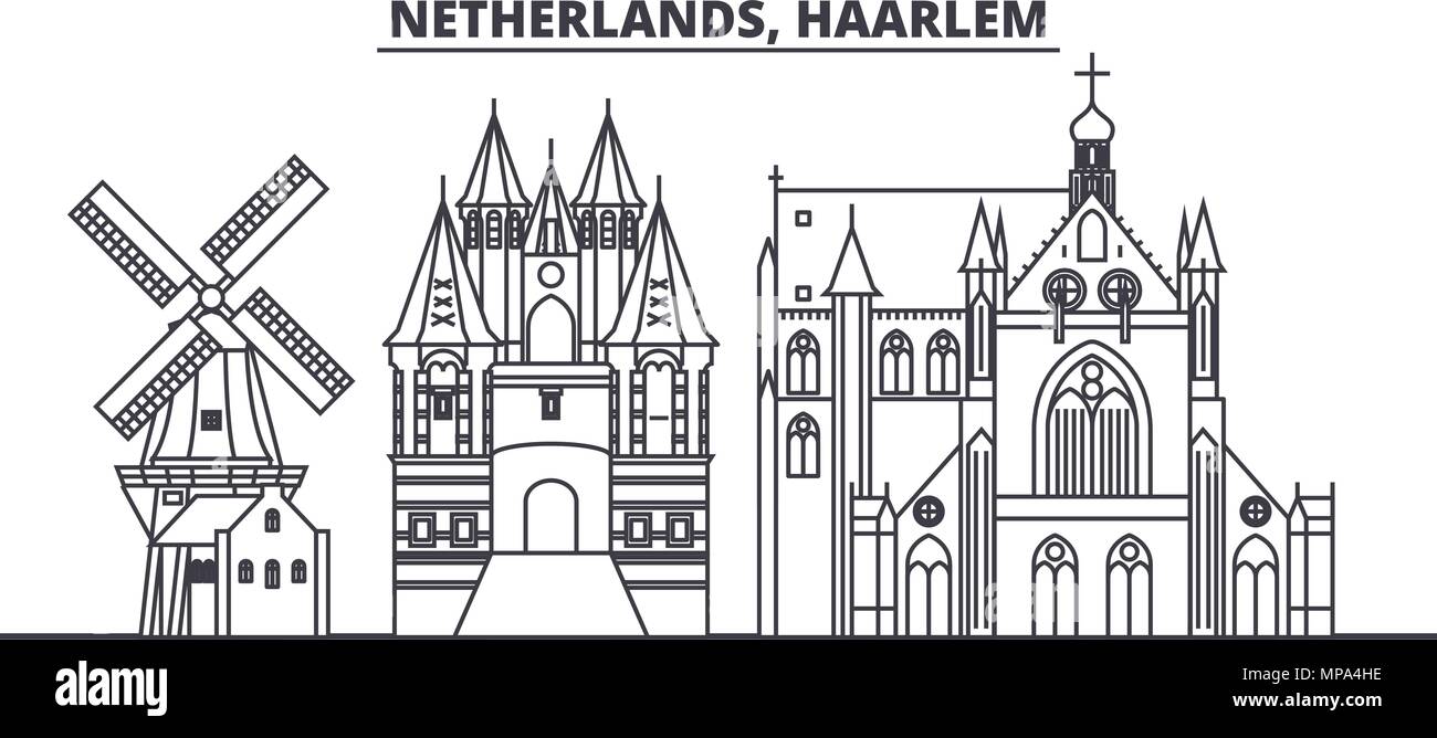 Pays-bas, Haarlem skyline ligne vector illustration. Haarlem Pays-Bas, paysage urbain linéaire avec des sites célèbres de la ville, vecteur, paysage. Illustration de Vecteur