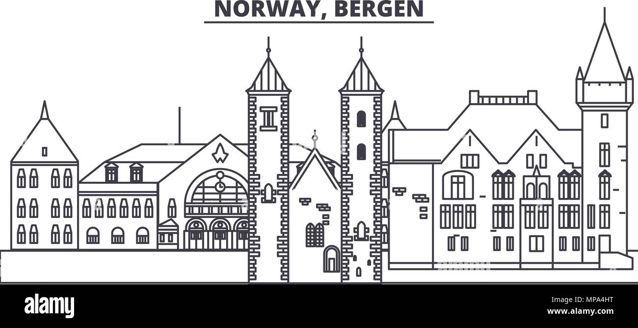 La Norvège, Bergen skyline ligne vector illustration. La Norvège, Bergen paysage urbain linéaire avec des sites célèbres de la ville, vecteur, paysage. Illustration de Vecteur