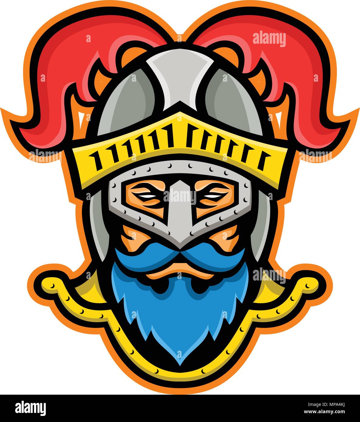 L'icône illustration mascotte de chef d'une vue de Knight portant un casque avec un plumage d'autruche, vu de l'avant sur fond isolé en rétro styl Illustration de Vecteur