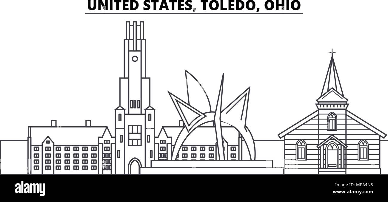 United States, Toledo, Ohio skyline ligne vector illustration. United States, Toledo, Ohio ville linéaire avec des sites célèbres de la ville, vecteur, paysage. Illustration de Vecteur