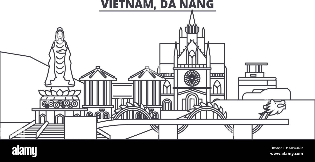 Vietnam, Da Nang skyline ligne vector illustration. Vietnam, Da Nang ville linéaire avec des sites célèbres de la ville, vecteur, paysage. Illustration de Vecteur