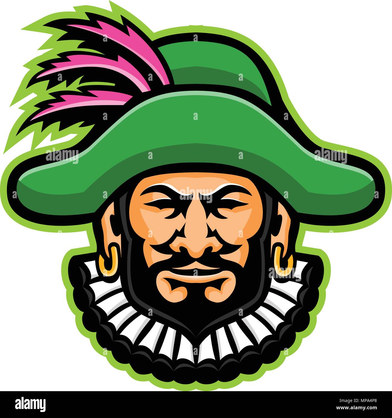 L'icône illustration mascotte de chef d'une harpe, spécialiste médiévale animateur, chanteur ou musicien portant un chapeau avec des plumes vue de l'avant sur i Illustration de Vecteur