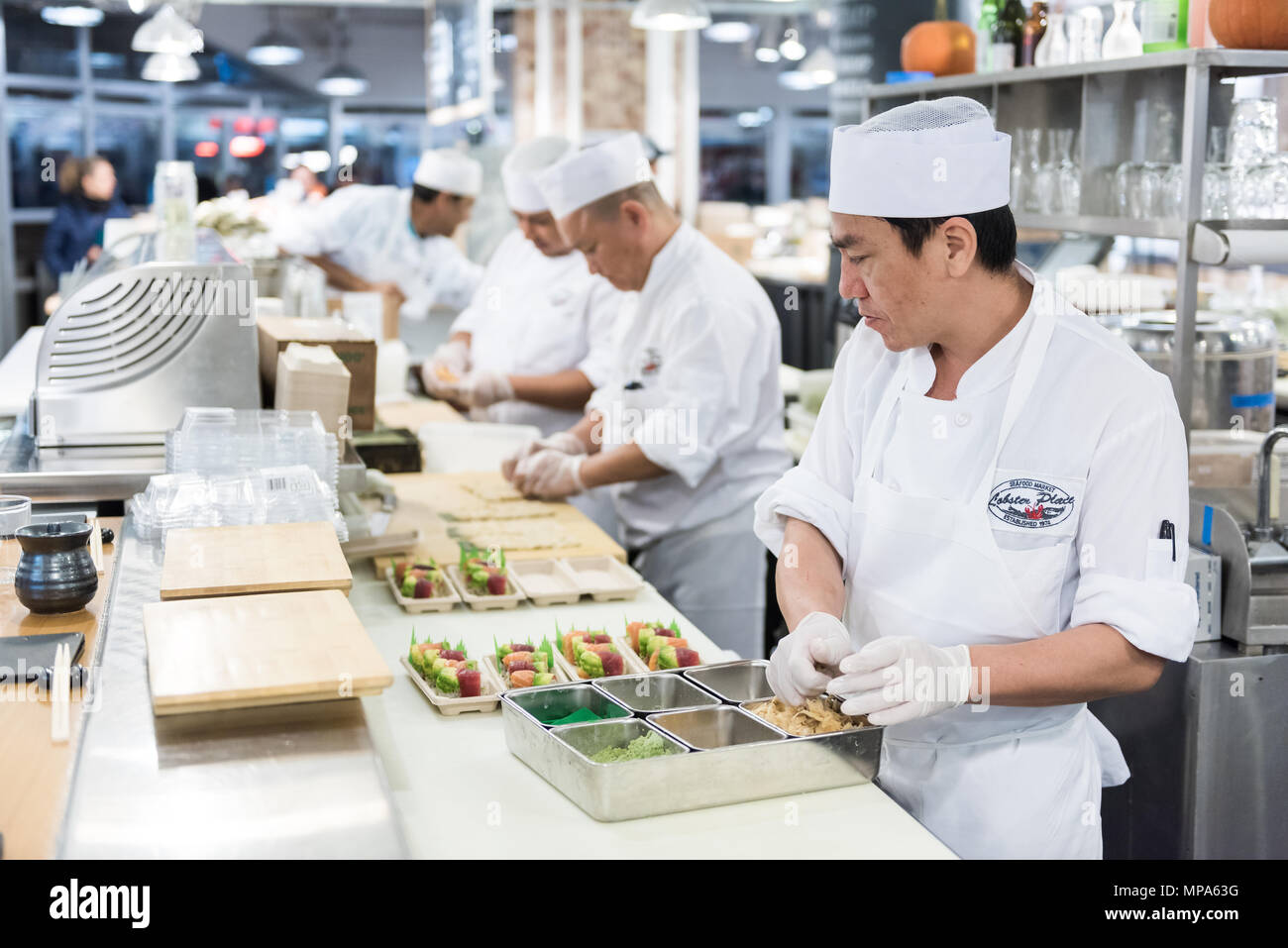 La ville de New York, USA - 30 octobre 2017 : marché alimentaire place du homard à l'intérieur intérieur boutique au centre-ville de Chelsea, quartier inférieur Manhattan New York District, S Banque D'Images