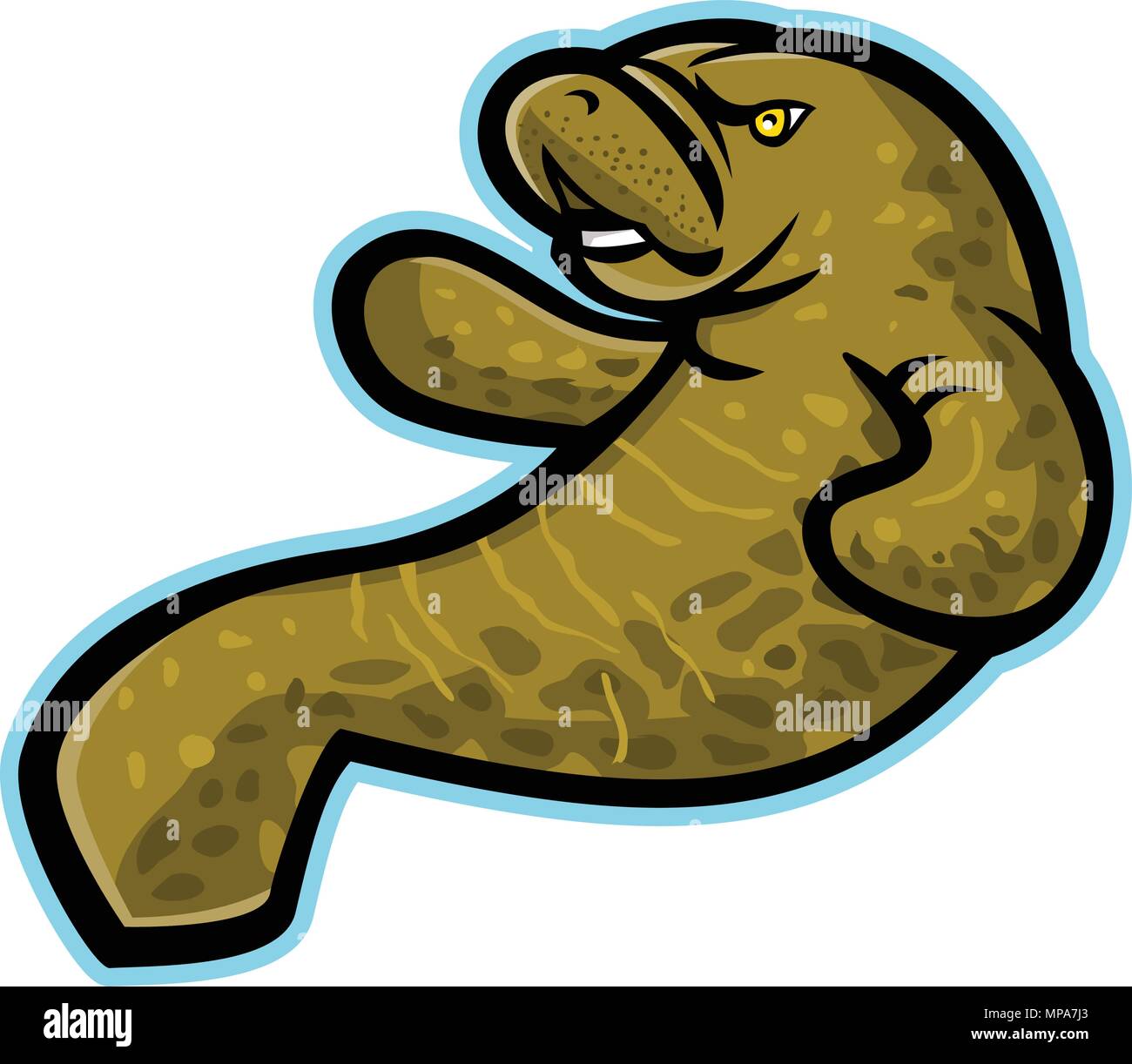 Icône mascotte illustration d'un lamantin en colère, le dugong ou sea cow, une grande et entièrement aquatique, principalement des mammifères marins herbivores vu de côté sur des Illustration de Vecteur