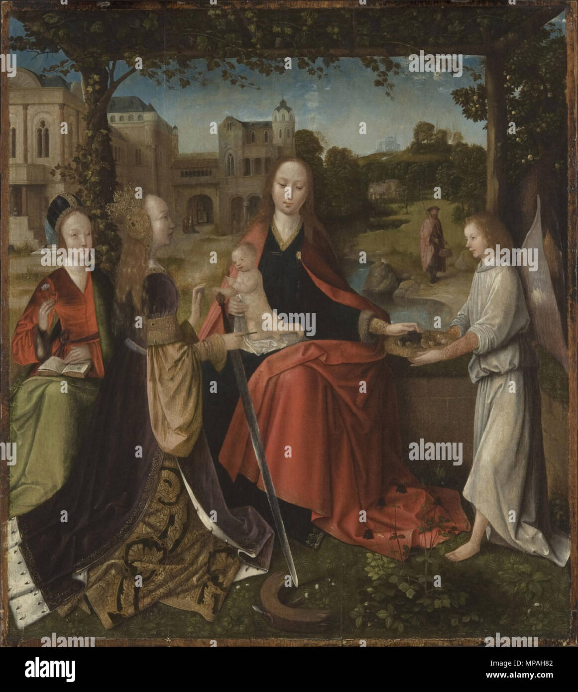 . Italiano : Vierge à l'enfant, avec sainte Catherine d'Alexandrie, une femme et un ange saint, Dimensions : 31 x 28 15/16 3/16 pouces (81,1 x 71,6 cm) Huile sur panneau . 26 juillet 2016. Créateur:Maître de Hoogstraeten 870 Capitaine d'Hoogstraeten - Vierge à l'enfant, avec sainte Catherine d'Alexandrie, une femme sainte, et un ange Banque D'Images