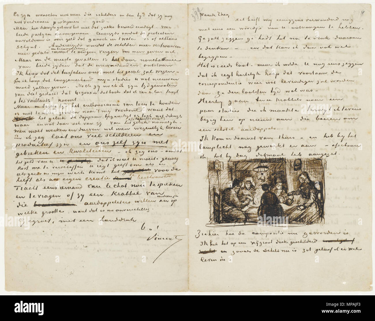 . Une lettre de Vincent Van Gogh à son frère Théo Van Gogh, Nuenen, jeudi, 9 avril 1885. La lettre comprend une esquisse de son chef-d'abord les mangeurs de pommes de terre . 9 avril 1885. Vincent van Gogh (1853-1890) Noms alternatifs Vincent Willem van Gogh, peintre néerlandais Description tiroir et graveuse Date de naissance/décès 30 mars 1853 - 29 juillet 1890 Lieu de naissance/décès Zundert Auvers-sur-Oise entre période de travail vers 1880 et vers juillet 1890 lieu de travail Pays-bas (Etten, La Haye, Nuenen, …, avant 1886), Paris (à partir de 1886 jusqu'en 1887), Arles (de 1888 à 1889), Saint-R Banque D'Images