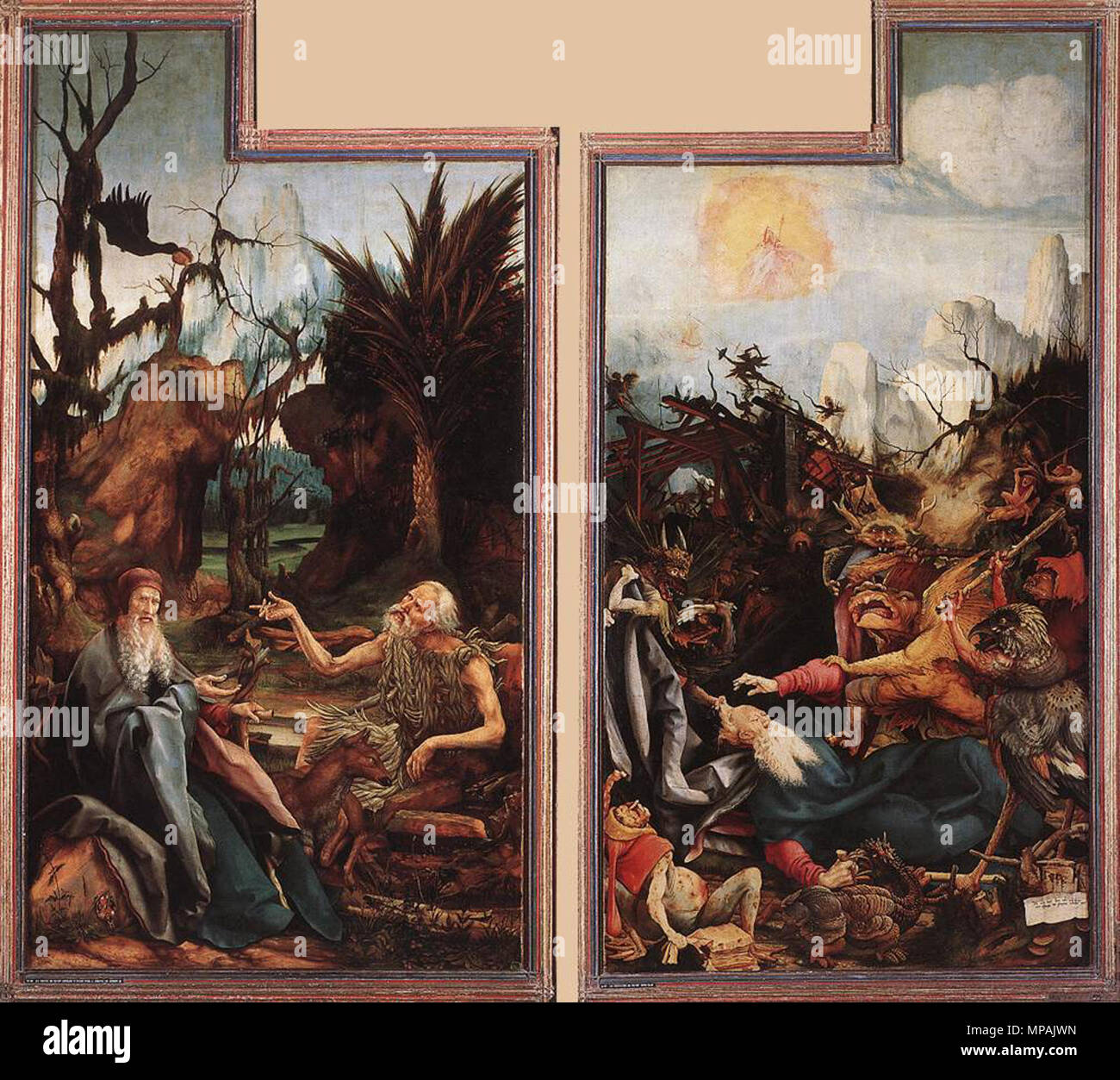 876 Matthias Grünewald - Visite de Saint Antoine à Saint Paul et de la Tentation de Saint Antoine - WGA10771 diffère Banque D'Images
