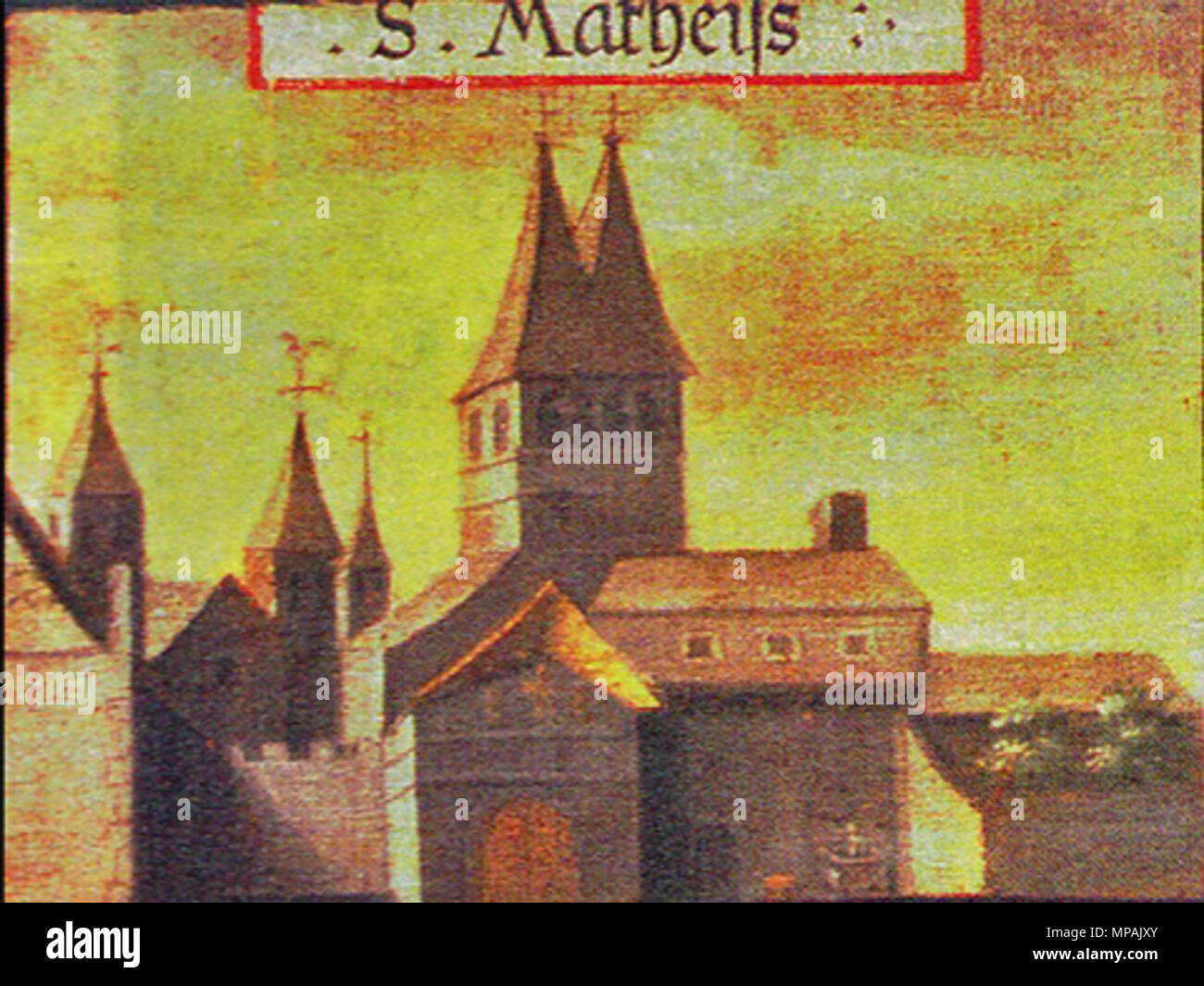 . Anglais : Abbaye Saint Matthias en 1589 Deutsch : Abtei St. Matthias 1589 English : Abbaye Saint-Matthias en 1589 . 1589. Artiste inconnu, peint par ordre du prince-électeur Johann von Schoenenberg (1525-1599) 876 Matthias-1589 Banque D'Images
