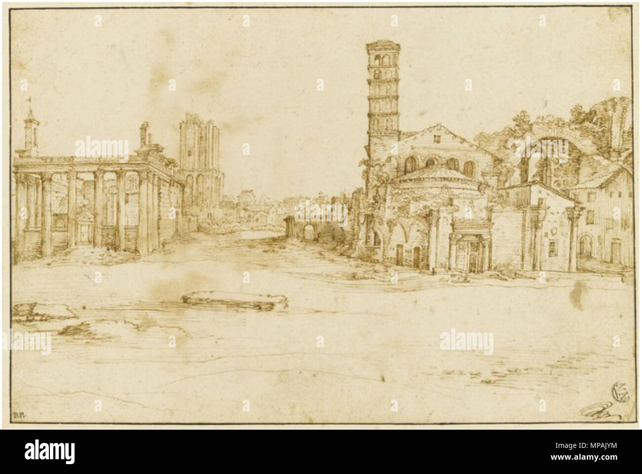 . Anglais : Matthijs Bril, temples romains au Forum Romanum, dessin, Musée du Louvre, Département des arts graphiques . 16e siècle. Matthijs Bril 876 Matthijs Bril - temples romains au Forum Romanum Banque D'Images