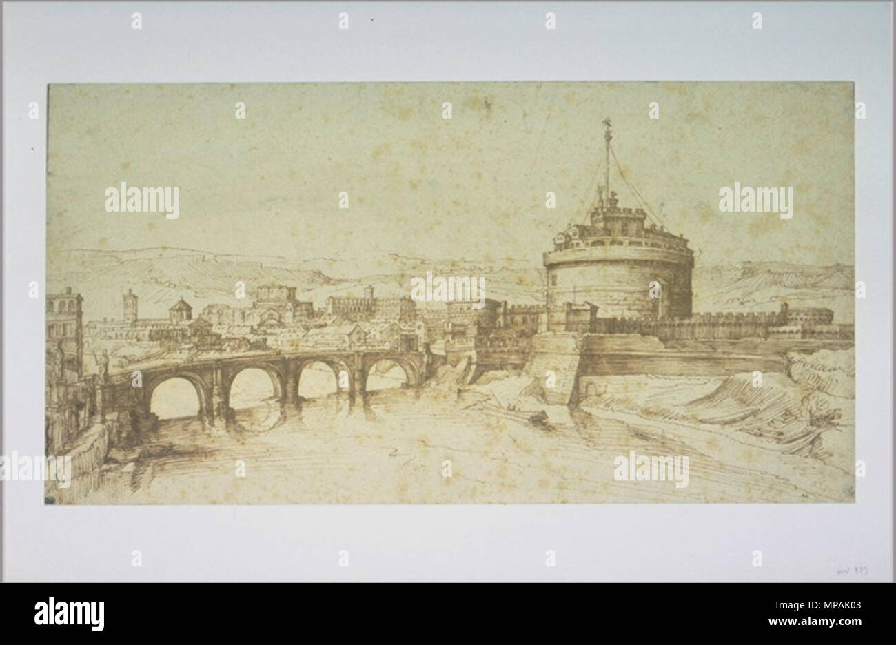 . Anglais : Matthijs Bril, vue sur le pont et de Castel Sant'Angelo à Rome, dessin, Musée du Louvre, Département des arts graphiques . 16e siècle. Matthijs Bril 876 Matthijs Bril - Vue sur le pont et de Castel Sant'Angelo à Rome Banque D'Images