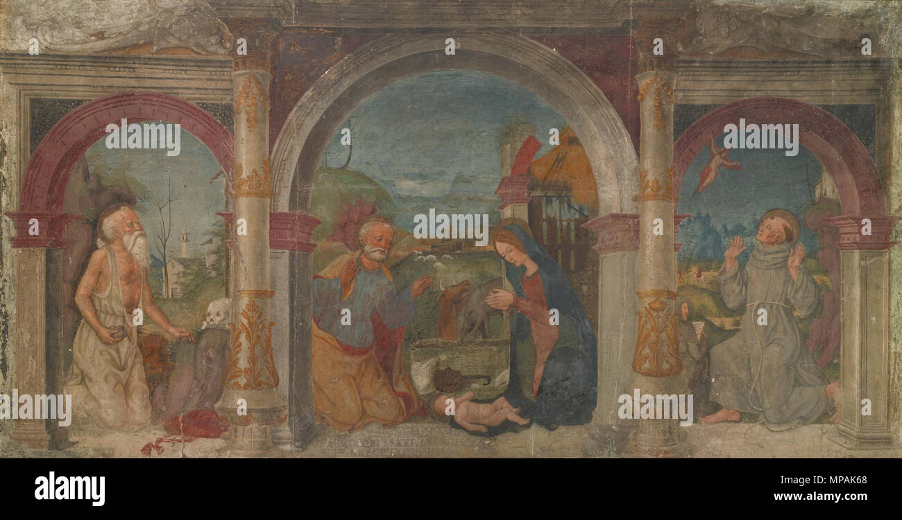 . La Nativité avec saint Jérôme et saint François d'assise recevant les stigmates, la fresque de la cour de la Casa Lanfranchi, 15e siècle, 147,3 cm par 282. Acquis par le musée de Brooklyn avec des fonds du Fonds de la collection du Musée (Inv. 11,526). Vendu par le Brooklyn Museum en 2013. . 15e siècle. Créateur:Maveolo Maveolo 877 da Cazano Da Cazano La Nativité avec saint Jérôme et saint François d'assise recevant le S Banque D'Images