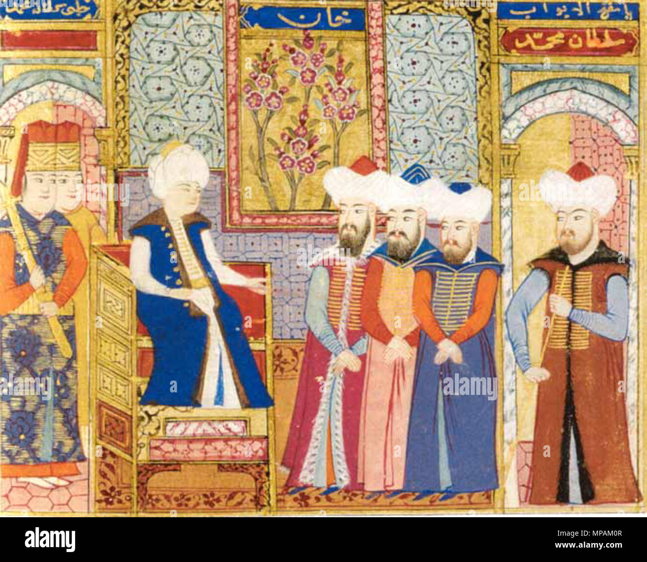 . Le Sultan Mehmed I avec ses dignitaires. Peinture miniature ottomane, conservé à Istanbul, Istanbul Üniversitesi Rektörlügü (Inv. T 5970, fol 264v) . Entre 1413 et 1421. Peintre miniature Ottoman Mehmet I 880 miniature honorifiques Banque D'Images
