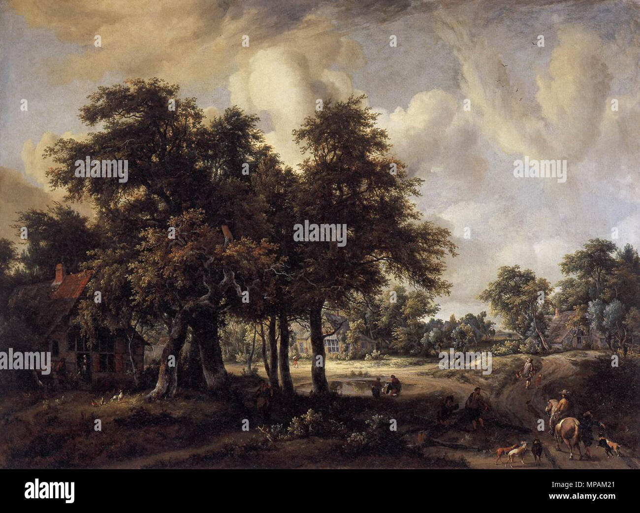 Paysage boisé avec des chalets vers 1665. 880 Meindert Hobbema - paysage avec des chalets - WGA11445 Banque D'Images