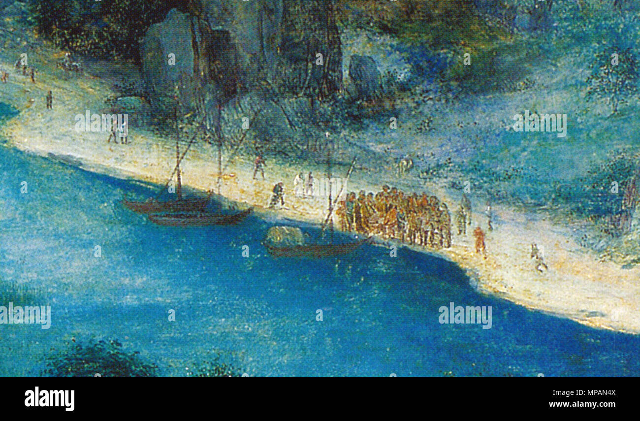 Parabole du Semeur . Deutsch : Ausschnitt aus Pieter Bruegels Gemälde Flusslandschaft mit einem Sämann . (1552) 1557 oder. 884 Menschenmenge Am Ufer (Bruegel) Banque D'Images