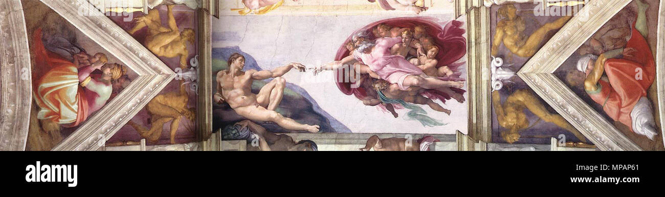 La création d'Adam . Anglais : plafond de la chapelle Sixtine : bay 6 . Entre 1508 et 1512. 888 Michelangelo - plafond de la Chapelle Sixtine - Baie 4 Banque D'Images