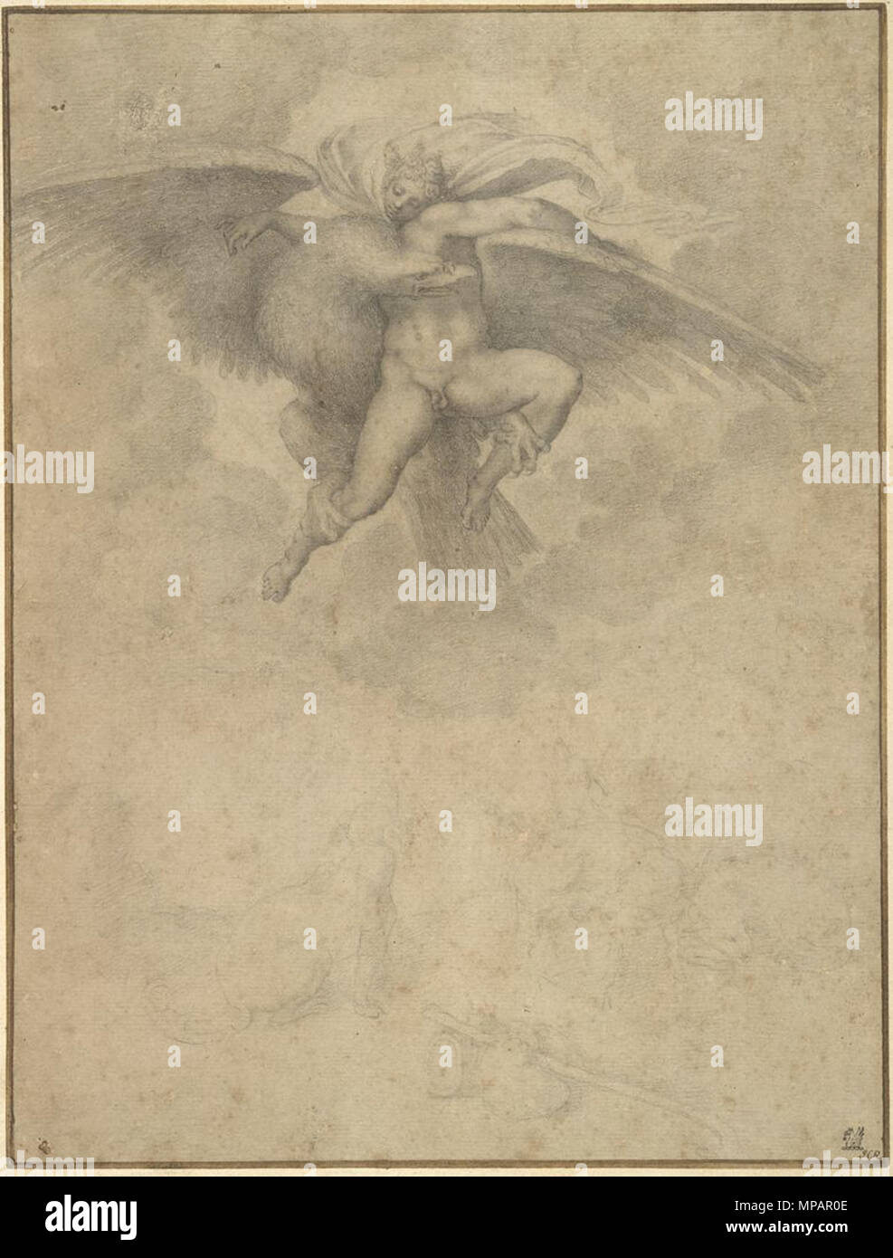 . Numéro de l'objet 1955.75 Personnes copie après Michelangelo Buonarroti, Italien (Caprese, Italie 1475 - 1564 Rome, Italie) Moyen craie noire sur papier vergé antique blanc ; les ailes de l'aigle incisé avec stylet et endommagé, pièces retouchées ensuite 36,1 x 27 cm Dimensions (14 3/16 x 10 5/8 in.) SECTION : 53,3 x 41,9 x 3,2 cm (21 x 16 1/2 x 1 1/4 in.) Inscriptions et marque l'inscription : l'encre brune sur papier brun : propriété de / Noël Monod / Guinée [ ?] Road / Cos Cob [ ?] / [Conn. de l'ancien châssis la sauvegarde--maintenant attaché à la sauvegarde du cadre actuel] inscription : mount, le long bord inférieur, l'encre brune, Anglais : Acco Banque D'Images