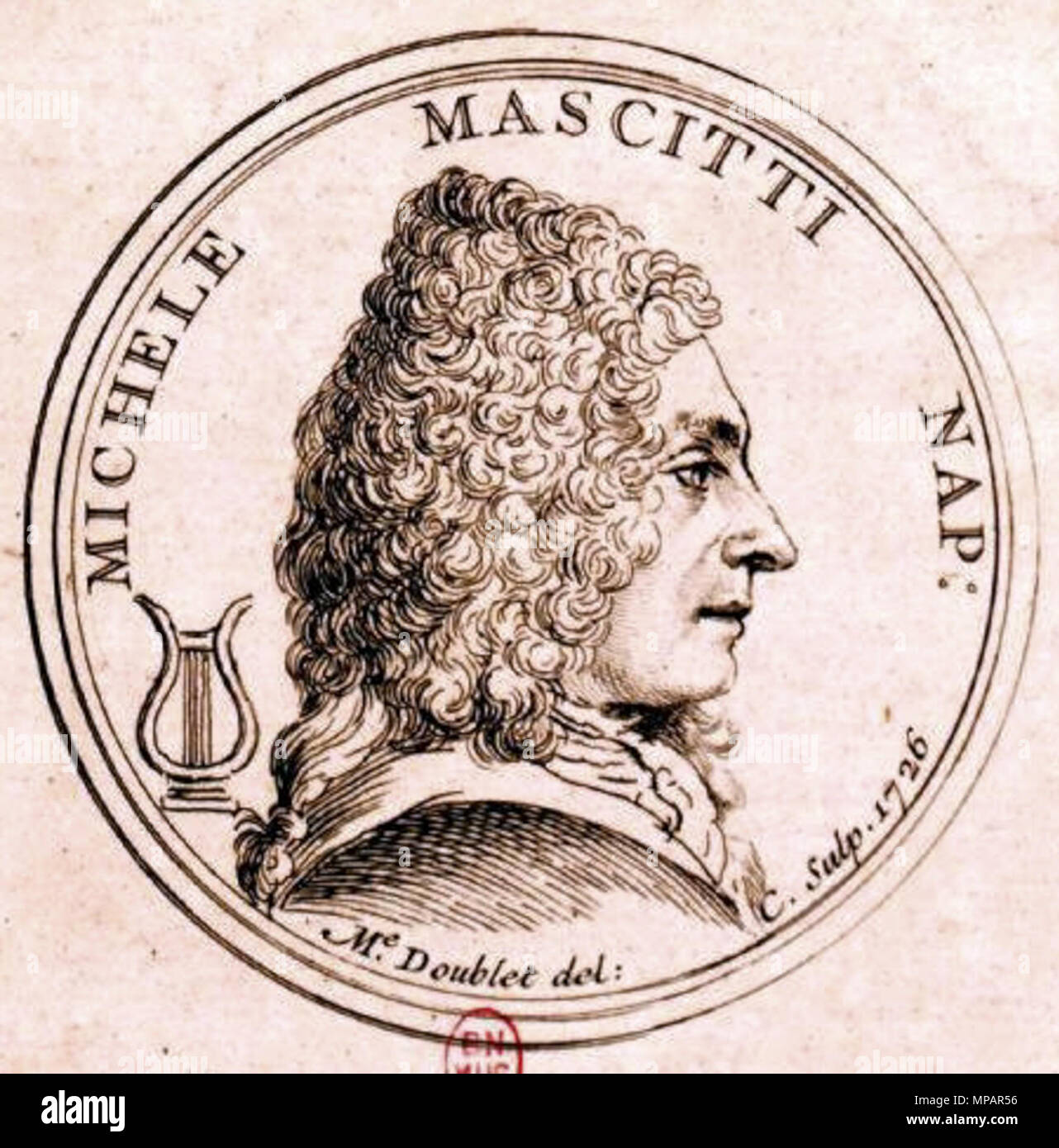 . Anglais : le violoniste et compositeur italien Michele Mascitti (1664-1760). Le dessin et la gravure de Marie-Anne Doublet (1677-1771). 1726. Michele Mascitti Doublet Marie-Anne 891 1726 Banque D'Images