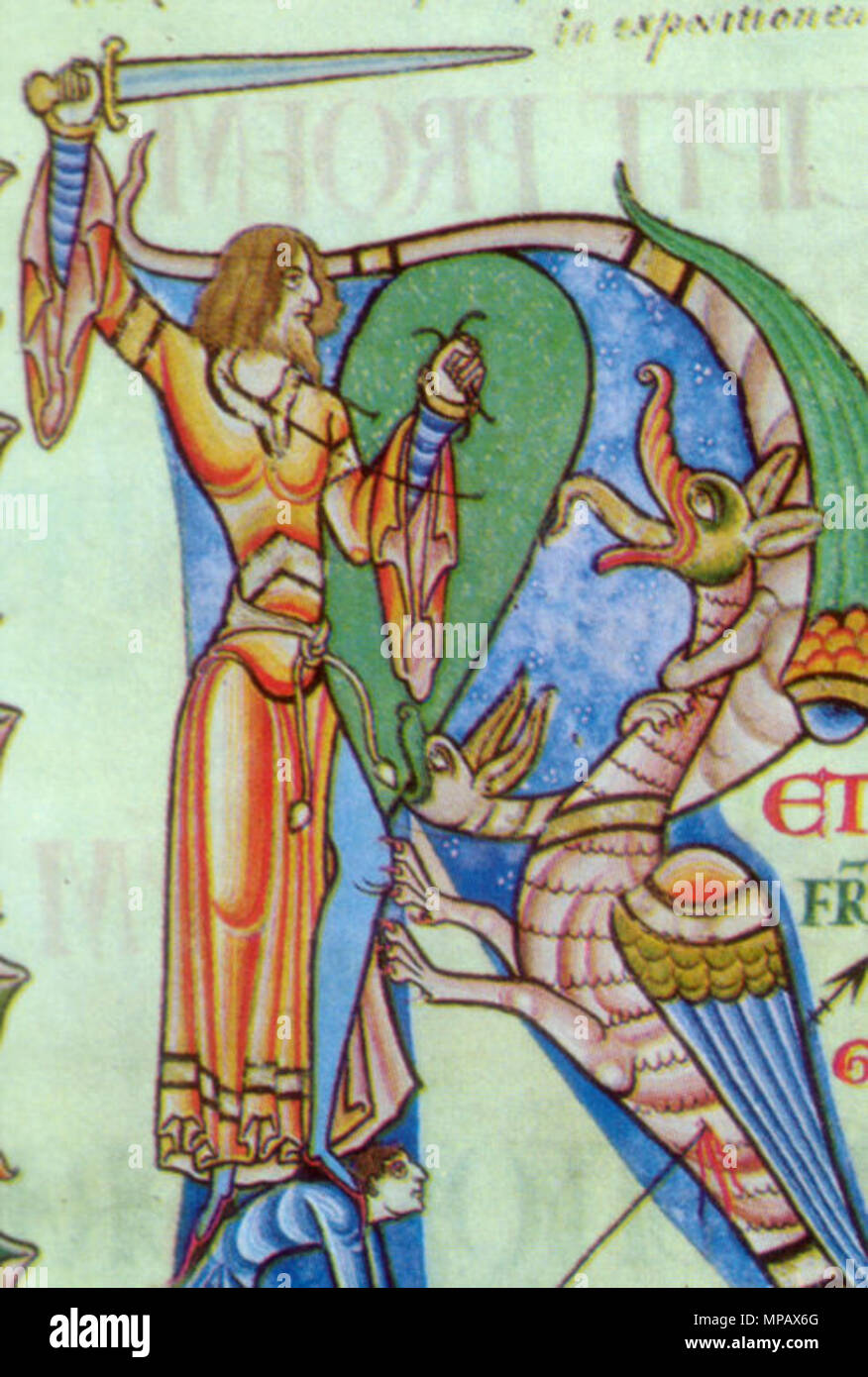 . Détail de l'initiale historiée R à partir de la page frontispice d'un manuscrit du 12ème siècle de St Gregory's Moralia in Job, Dijon, Bibl. Municipale, MS 2 . 12e siècle. L'illustrateur inconnu 905 Moralia in Job Mme dragonslayer détail Banque D'Images