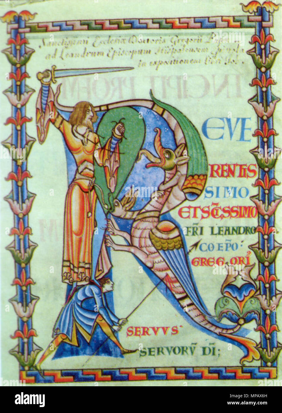 . Initiale historiée R à partir de la page frontispice d'un manuscrit du 12ème siècle de St Gregory's Moralia in Job, Dijon, Bibl. Municipale, MS 2 . 12e siècle. L'illustrateur inconnu 905 Moralia in Job dragonslayer MS Banque D'Images