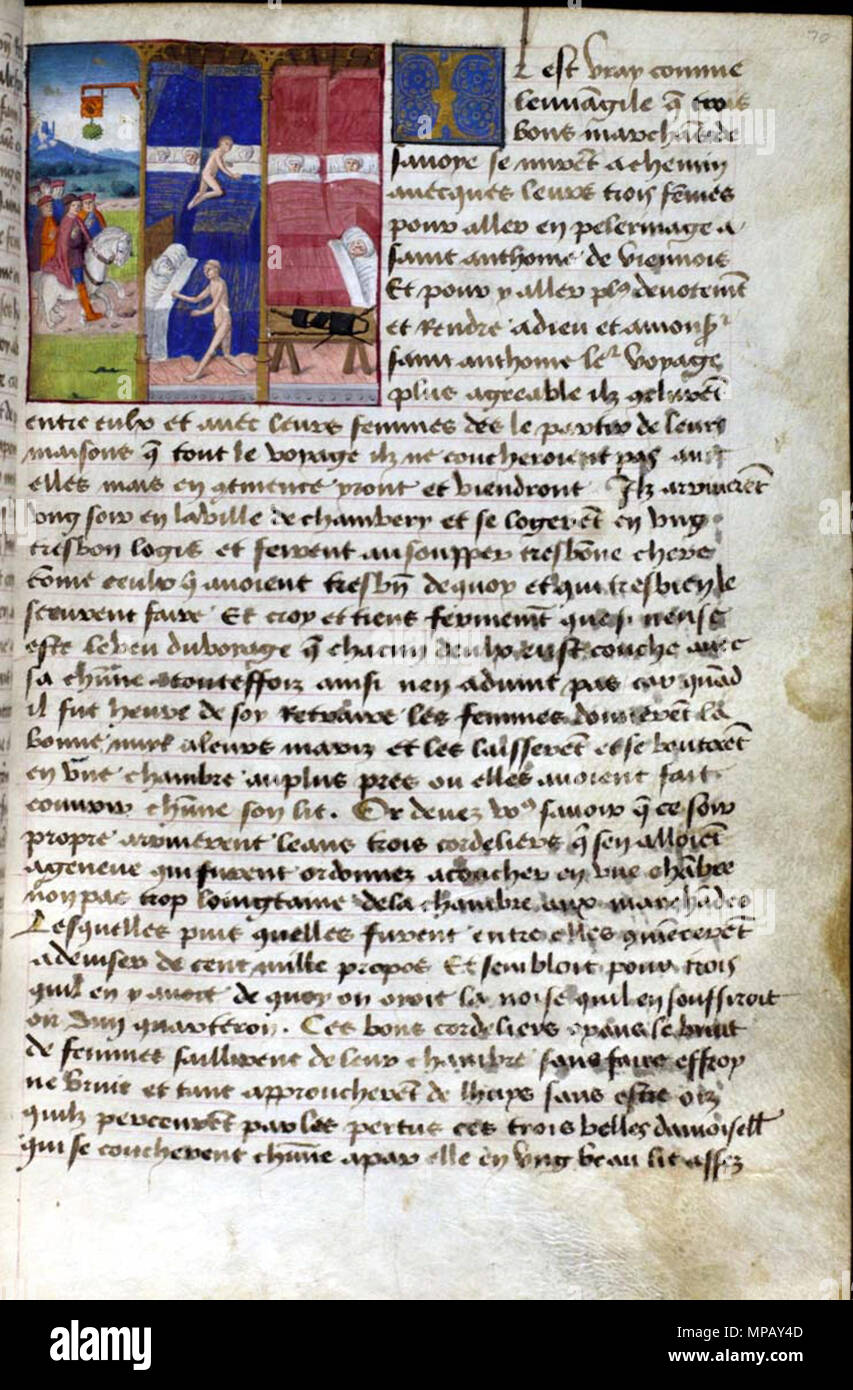 . Première page de l'histoire de la 30 Cent Nouvelles nouvelles (conte des trois frères). Folio 70r de la GO 0247 Mme Hunter 252 (U.4.10). . Entre 1475 et environ vers 1500. Communauté flamande ? Mme Hunter 252 illuminator 909 f. 70r Banque D'Images