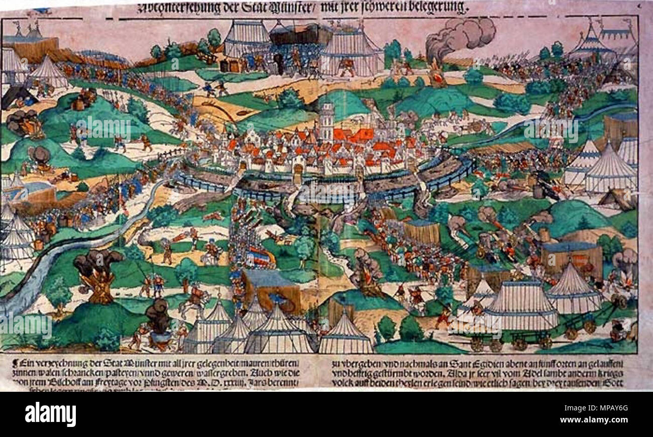 . La ville de Münster assiégée par le prince évêque Franz von Waldeck en 1534. La photo montre la première attaque à la Pentecôte. Le texte en dessous de l'image dit : 'Ein verzeychnung der Stat Münster mit tous irer gelegenheit / mauren / thüren / zinnen / schrankken pasteyen watten / / / geweren wassergreben unnd /. Wie auch die von irem Bischoff am Freytage / Pfingsten vor des M.D. xxxiiii. Berennt / pots (und ?) Zibben legern ringhweis .... zu übergeben/und nachmals un Sant Egidien abent une gelauffen fünff orten une hefftig gestürmbt/ und worden. L'AADL seer ir vil vom Adel sambt anderen kriegs volck auff Banque D'Images
