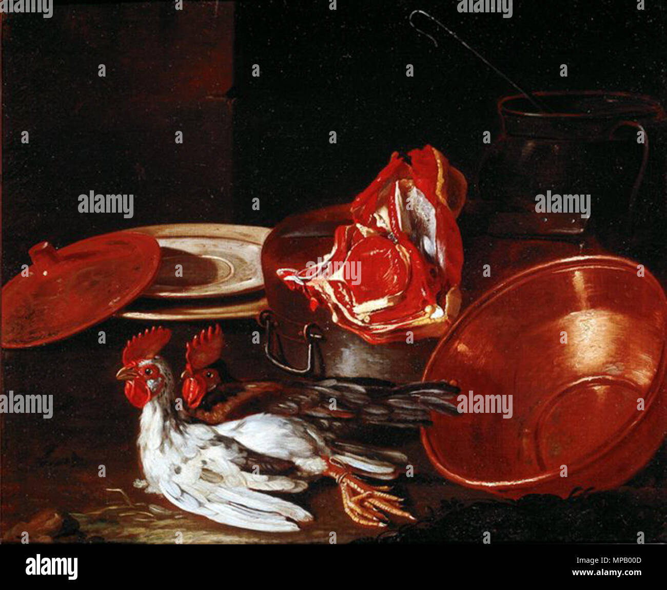 Italiano : Piatti, vasellame di coccio e di peltro, bistecca e galli . Cristoforo Munari, 912 - Piatti, vasellame di coccio e di peltro, bistecca e galli Banque D'Images