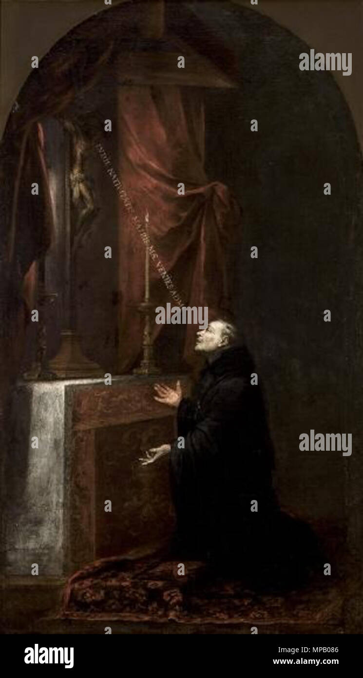 Santo Tomás de Villanueva y el Crucifijo . Español : El lienzo représenta un Santo Tomás de Villanueva (1486-1555), que fue arzobispo de Valencia y aparece arrodillado y rezando ante crucifijo des nations unies. . Entre 1665 et 1670 circa circa. Murillo 913-Santo Tomás de Villanueva-sevilla-mba Banque D'Images