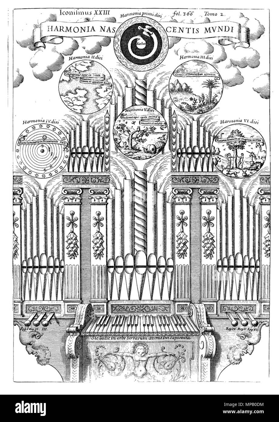 . L'harmonie de la naissance du monde, représentée par un organe cosmique. 1650. Athanasius Kircher. 914 Musurgiaorgan Banque D'Images