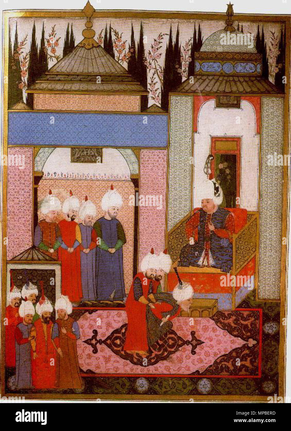 . Le sultan Selim II recevant l'ambassadeur safavide dans le palais à Edirne en 1567. Hazine. 1339, Folio 247b . 1568. Nehzetul-Ahbar Nakkas Osman 922 der Sefer-je Sigetvar 247b Banque D'Images