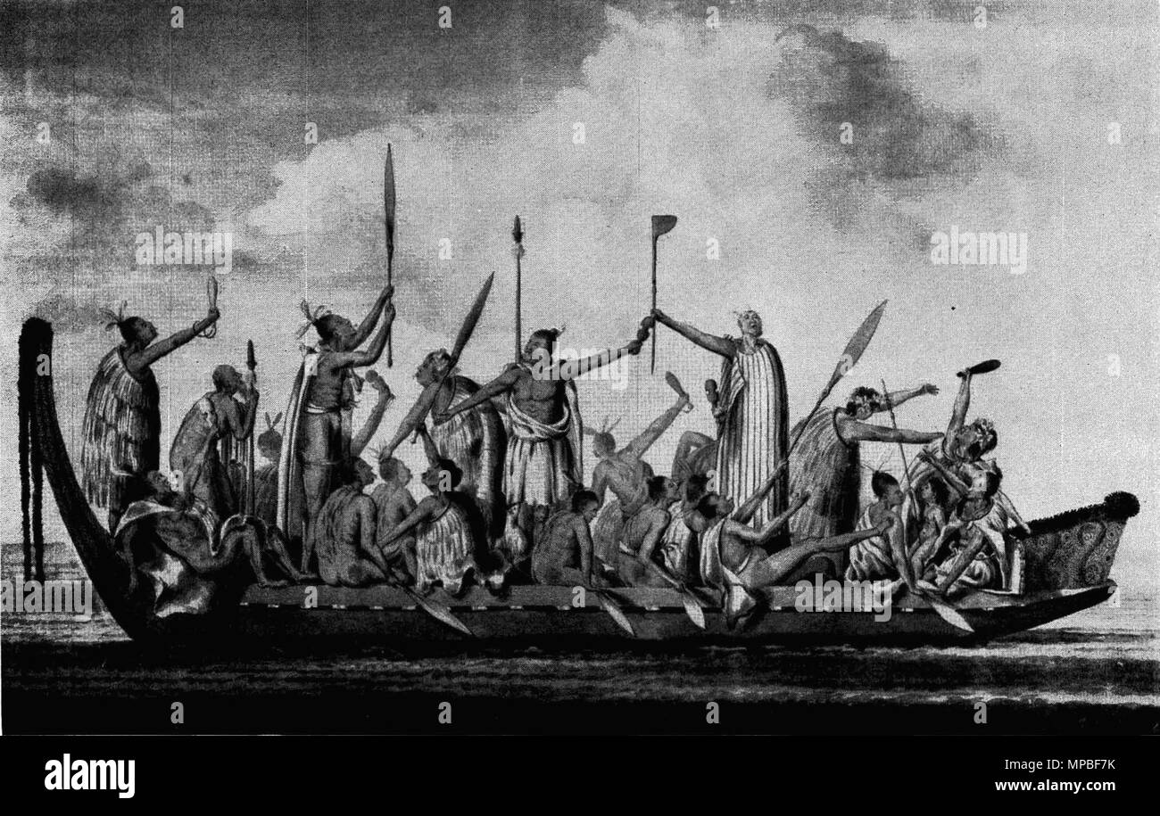 . English : 'New Zealand War Canoe enchères mépris au navire.''un chien blanc est assis à la mi-centre à la recherche jusqu'à l'homme qui a les deux bras tendus et est titulaire d'un simple dans sa main gauche. À partir de la collection du Musée Britannique de dessins par A. Buchan, S. Parkinson et J. F. Miller, réalisés dans les pays visités par le capitaine Cook dans son premier voyage (1768-71), également d'impressions publié dans John Hawkesworth's voy- age de Biron, Wallis et Cook, 1773, ainsi que dans la deuxième et troisième voyages (1762-5, 1776-80). Entre 1768 et 1771. A. Buchan, S. Parkinson ou J. F. Miller 923 Guerre Nouvelle-zélande C Banque D'Images