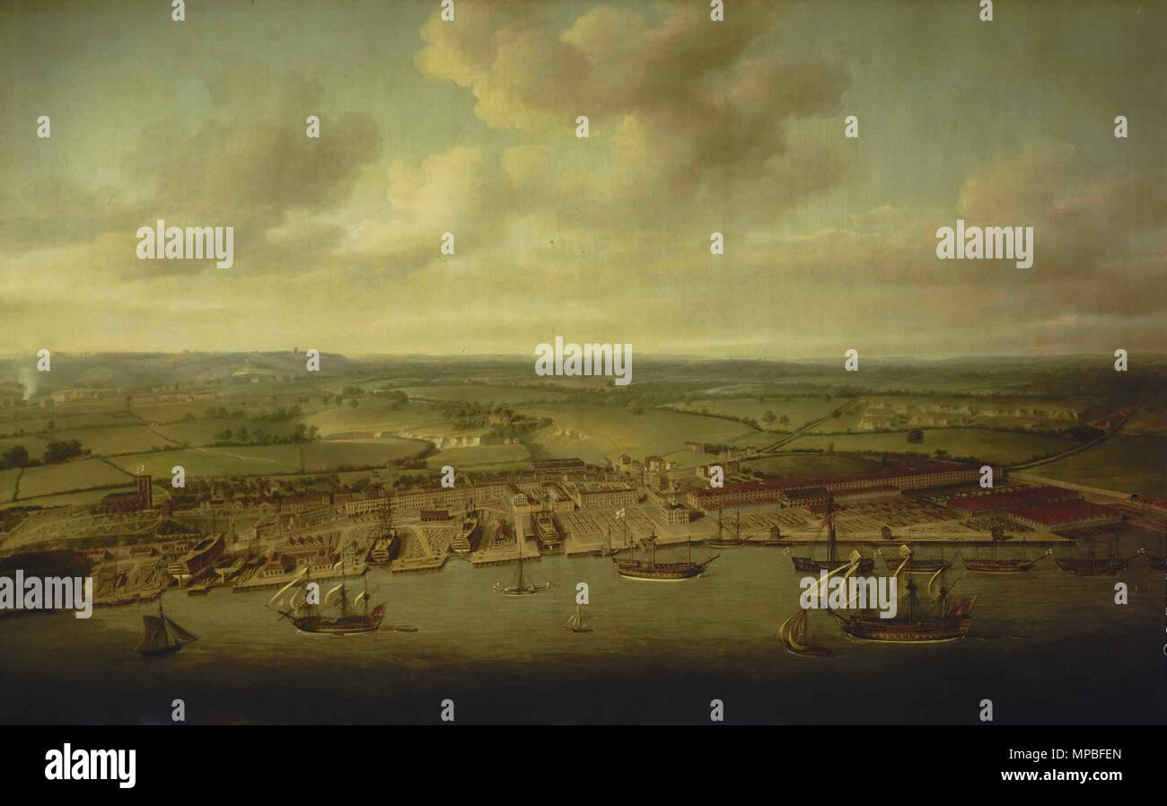 Woolwich Arsenal. Anglais : Woolwich Arsenal était un chantier naval. L'arsenal a été construit en 1514 par Henry VIII pour la construction de son célèbre navire 'Harry Grace un Dieu'. Les navires de la Marine royale ont été construit au chantier jusqu'à sa fermeture en 1869. Ce point de vue, par Nicholas Pocock, donne une indication de l'échelle de l'entreprise à la fin du xviiie siècle. La zone autour de l'arsenal a été connu sous le nom de Warren et était composé d'ateliers, entrepôts, chantiers de bois, des casernes, des fonderies et de l'Arsenal Royal à proximité. . 1790. 924 Nicholas Pocock - Woolwich Arsenal Banque D'Images