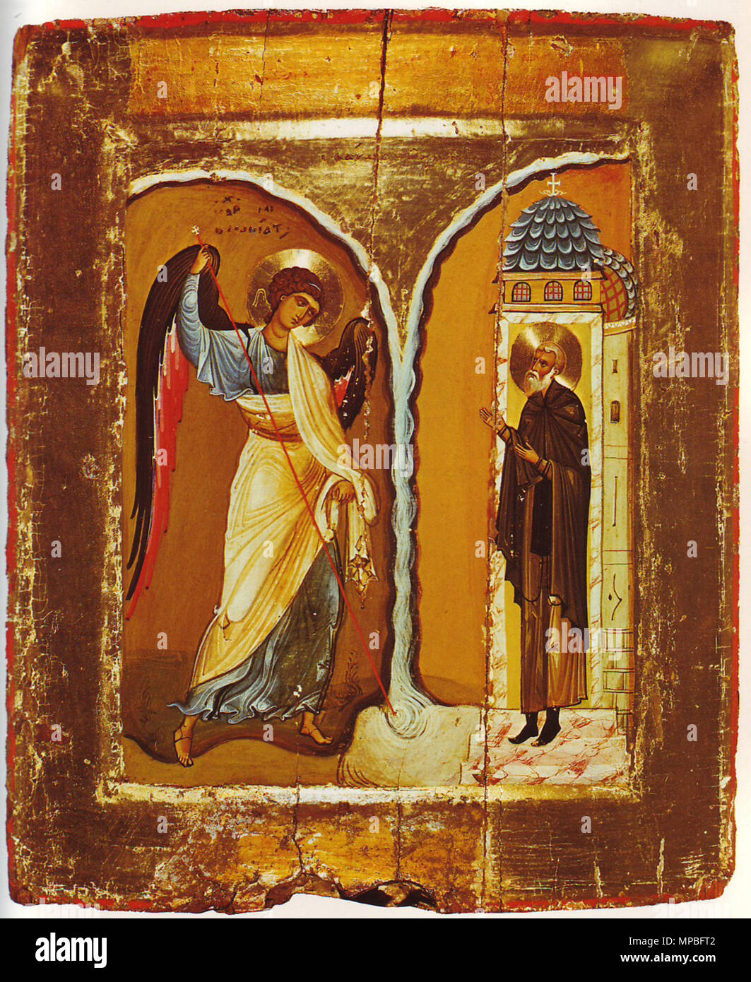 . Deutsch : Erzengel Michael und der Mönch Archippe beim Wunder zu Chonai. Wahrscheinlich, Ikone aus Konstantinopel. Erste Hälfte des 12. Jahrhunderts. 37,5 x 30,7 cm L'Anglais : l'Archange Michael et le moine Archippe à Chonae. Icône d'Оrthodox constantinoplian, probablement d'origine. Première moitié du 12e siècle. 37,5 x 30,7 cm Français : L'archange Michel et le moine Archippe pendant le miracle à Chonae. Icône, certainement crée à Constantinople. Première moitié du 12ième siècle. 37,5 x 30,7 cm Русский : Чудо Архистратига Хонех Михаила в. Православная византийская икона греческая( ?) 12 века. Apri Banque D'Images