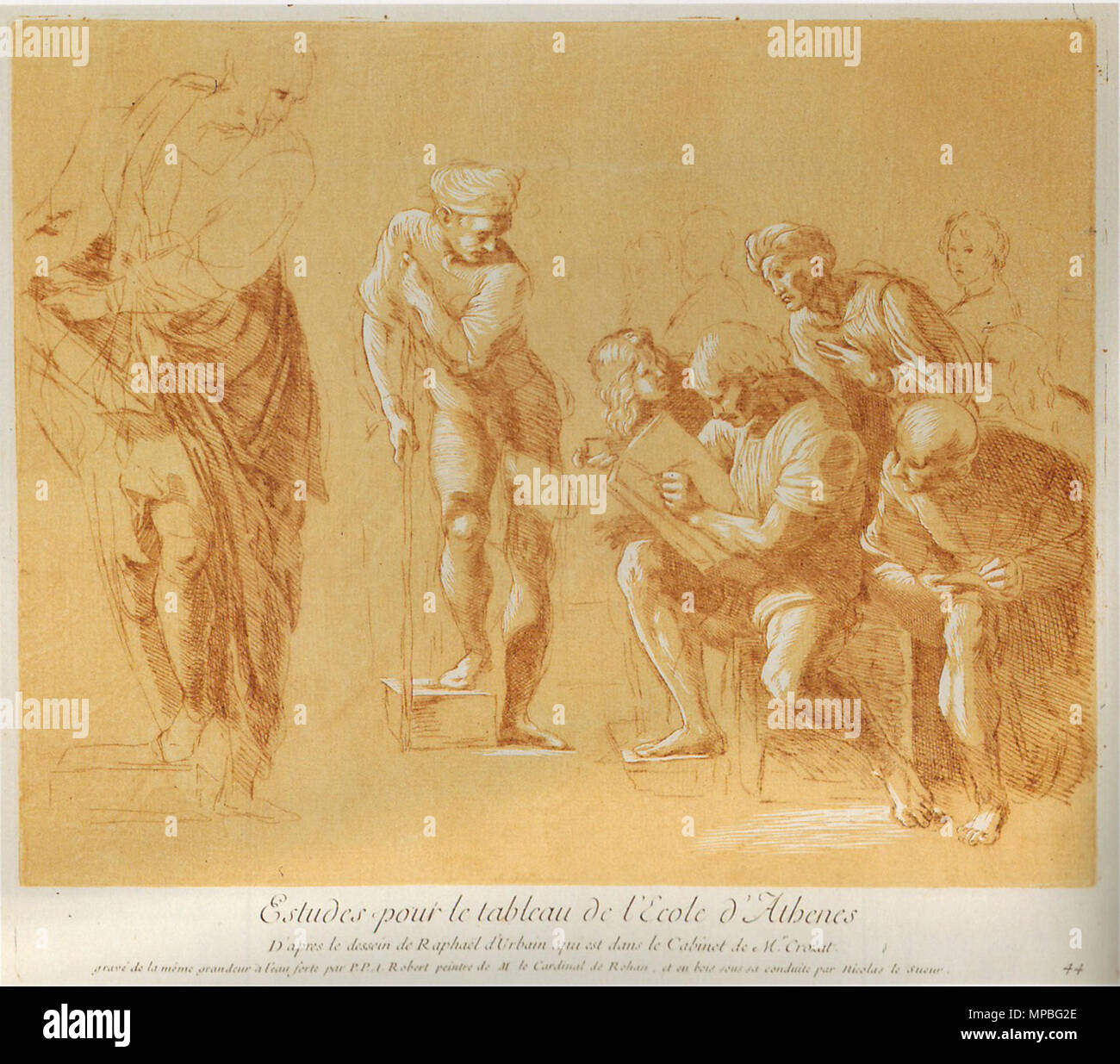 . English : Paul-Ponce-Antoine Robert et Nicolas le Sueur : Estudes pour le tableau de l'Ecole d'Athènes d'après le dessin de Raphaël d'Urbain. gravure clair-obscur sur bois/gravure à l'eau forte. [Inversion latérale] In : Pierre-Jean Mariette : Recueil d'estampes d'après les plus beaux tableaux et d'après les plus beaux dessins qui sont en France. 2 Volumes. Paris : Imprimerie royale, 1729 / Paris, 1742. Tome 1, tableau 44. Avril 2008. Voir description 1042 L'École d'Athènes de Raphaël (17c1729 Robert étude Banque D'Images