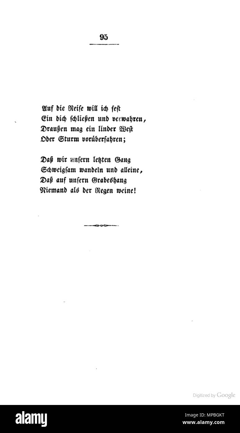 . Herbstentschluß, aus : Gedichte. 2. Auflage. Stuttgart und Tübingen : Cotta. S. 95 . 1834. Nikolaus Lenau (1802-1850) Noms alternatifs Nikolaus Franz Niembsch Description poète autrichien, écrivain et poète avocat Date de naissance/Décès 13 Août 1802 22 août 1850 Lieu de naissance/décès Lenauheim période de travail 1827 - Vienne 1844 contrôle d'autorité : Q84280 : 36931332 ISNI VIAF : 0000 0001 2128 0855 RCAC : n50047816 NLA : 35299869 MusicBrainz : 4d9b9370-caf0-4C5a-bfed-5e31becd WorldCat1489 929 Nikolaus Lenau. Gedichte. 1834. 2. Auflage. S. 95 Banque D'Images