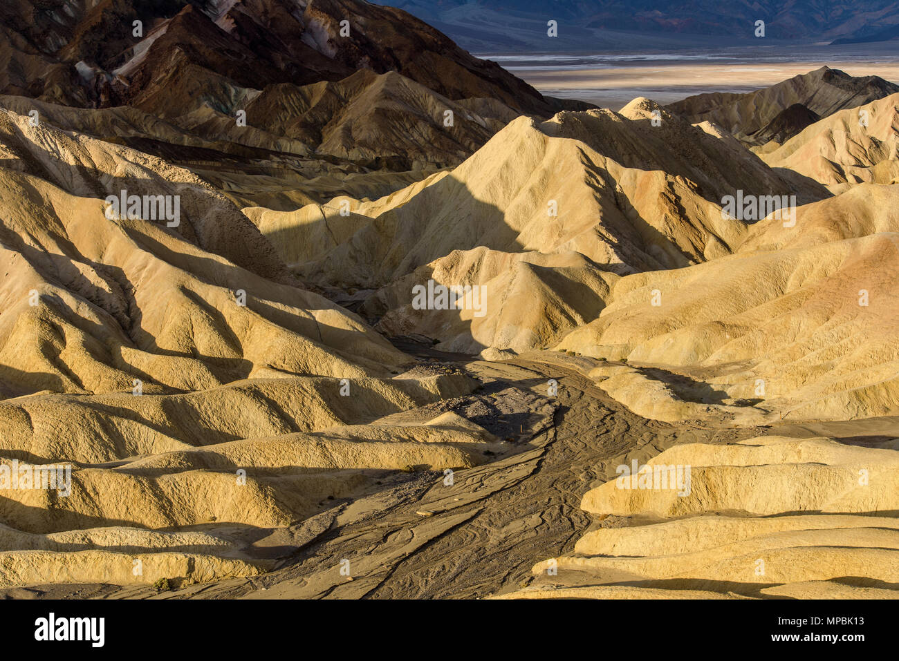Golden Sunrise Valley - Golden la lumière du soleil du matin qui brille sur une vallée colorée à l'badlands de la Death Valley National Park, California, USA. Banque D'Images