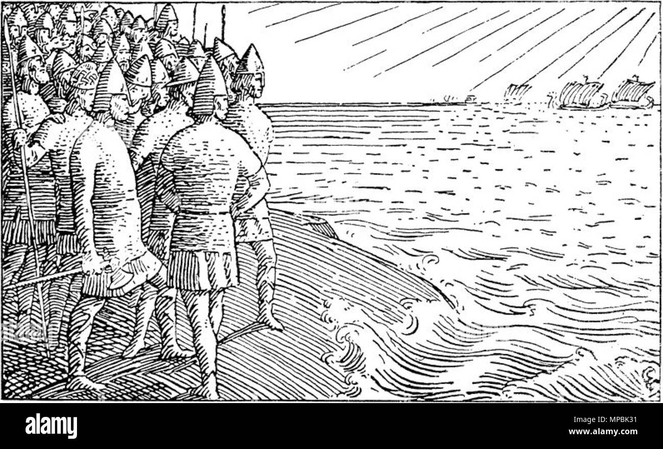 . Halfdan Egedius : l'illustration de l'Olav Trygvasons saga. Édition 1899-Snorre. « Høvdingerne ser paa Holmen Olavs Skibe seile forbi." NB : "Høvdingene ser fra holmen skipene til Olav seile forbi." nn : "Høvdingane på holmen ser skipa til Olav segle framom." . 1897. Halfdan Egedius (1877-1899) Noms alternatifs Halfdan Egedius Johnsen norvégien Description peintre, dessinateur, graveur, illustrateur et graphiste Date de naissance/Décès 5 Mai 1877 2 février 1899 Lieu de naissance/décès d'Oslo Drammen contrôle d'autorité : Q2666703 : VIAF 76375730 ISNI : 0000 0001 0917 2966 ULAN : 500024706 RCAC Banque D'Images