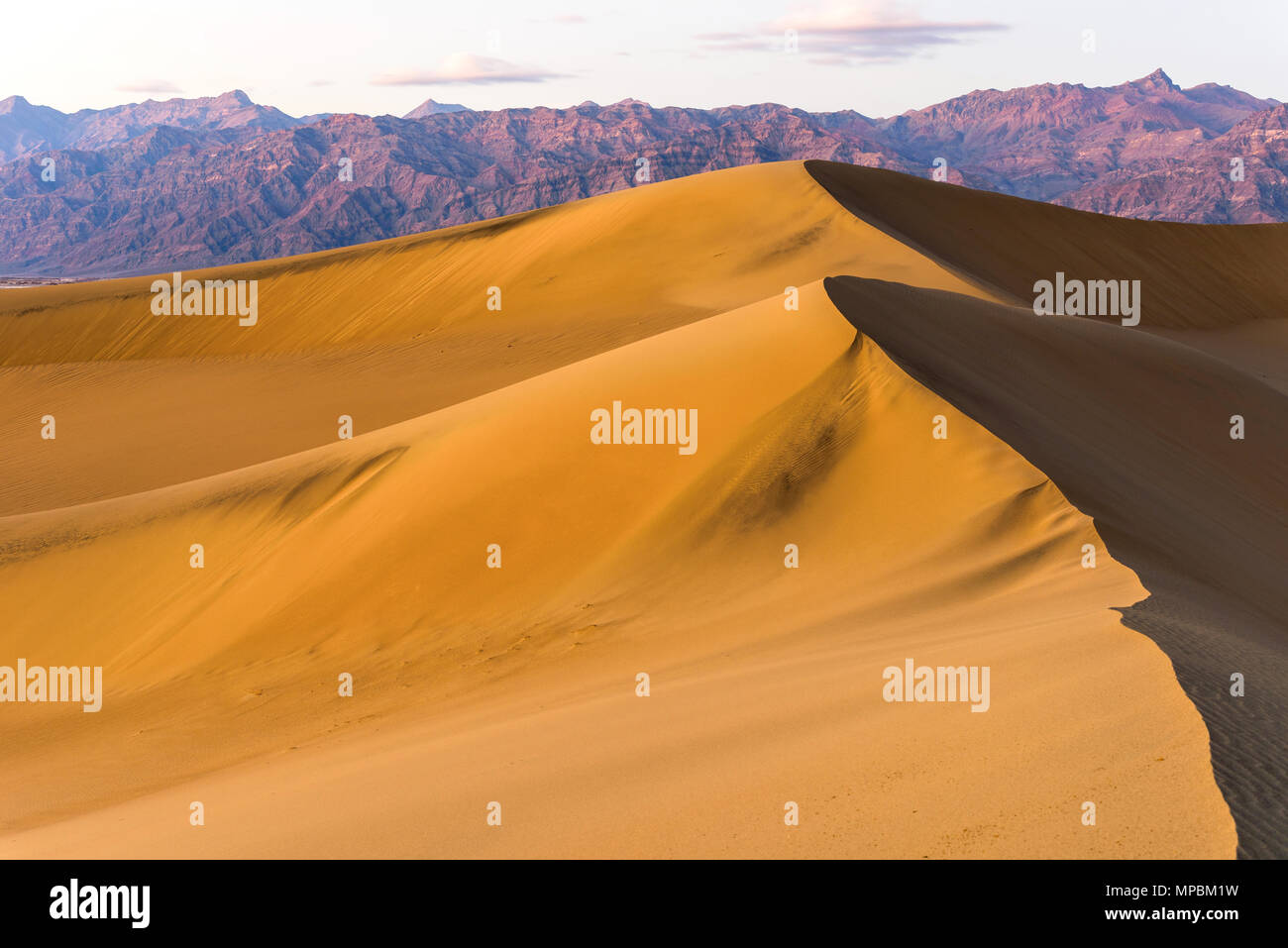 Les dunes de sable au coucher du soleil - une vue sur le coucher de soleil de printemps du matériel roulant Télévision Mesquite Sand Dunes debout à l'avant de l'Amargosa Range. Death Valley National Park, États-Unis Banque D'Images