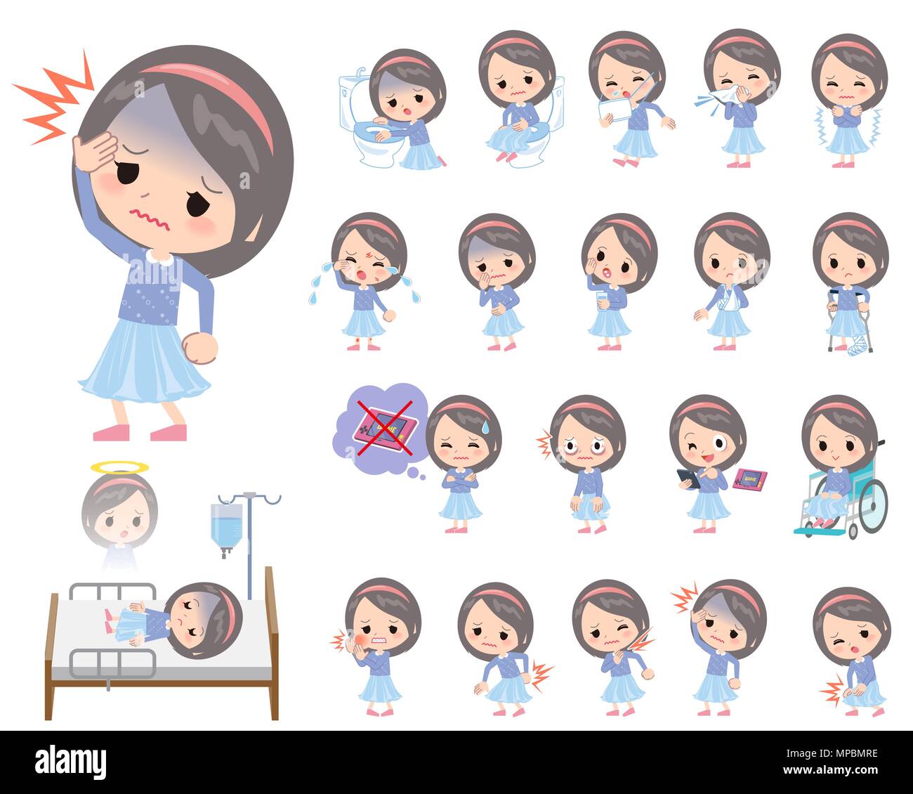 Ensemble de diverses poses de vêtements fille serre-tête bleu à propos de l'assurance maladie Illustration de Vecteur