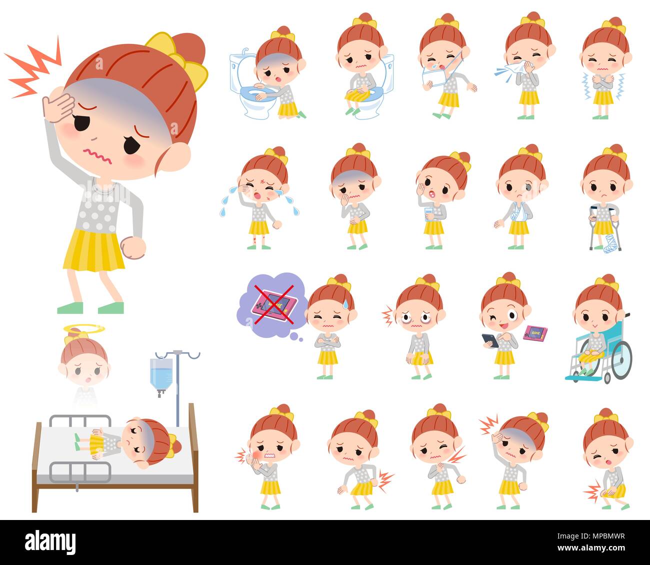 Ensemble de diverses poses de vêtements à pois fille ruban sur la maladie Illustration de Vecteur