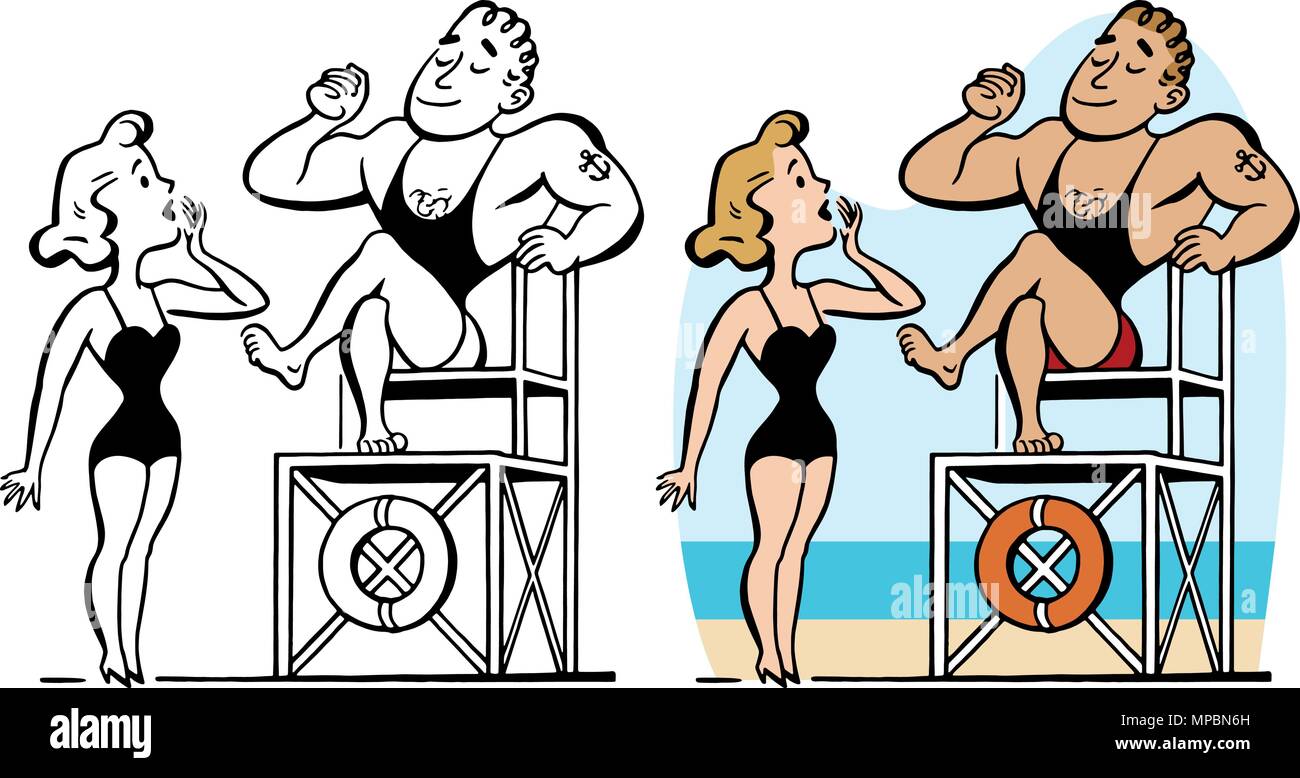 Un sauveteur musculaire est admiré par une femme blonde en maillot sur une plage. Illustration de Vecteur