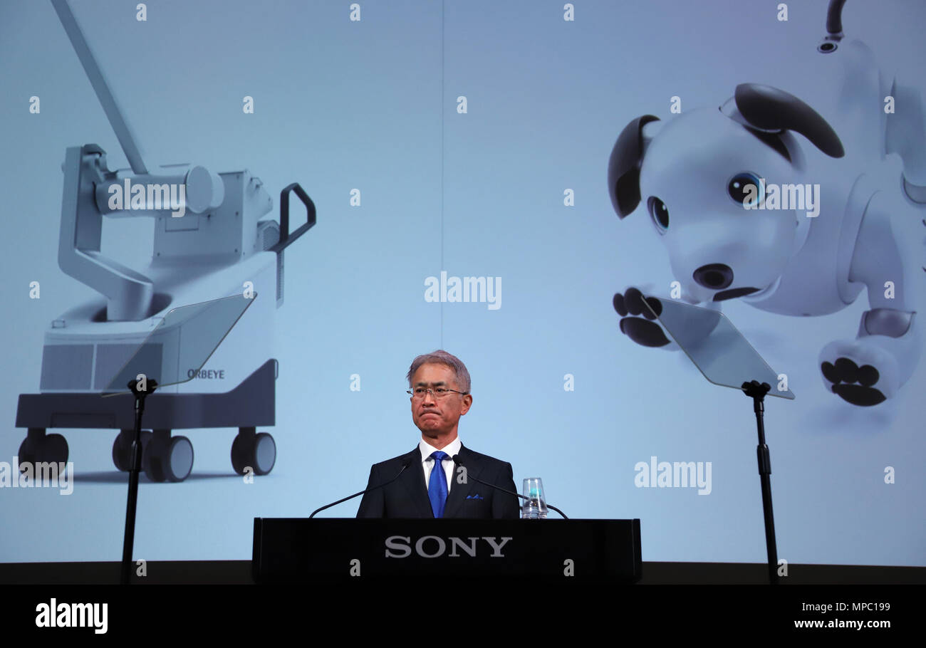 Tokyo, Japon. 22 mai, 2018. Le géant de l'électronique du Japon président Sony annonce le Yoshida Kenichiro nouvelle stratégie d'affaires au siège de Sony à Tokyo le mardi, Mai 22, 2018. Sony aura pour objectif de positionner le matériel de marque, composé de la maison de divertissement, produits d'impression et les communications mobiles. Credit : Yoshio Tsunoda/AFLO/Alamy Live News Banque D'Images