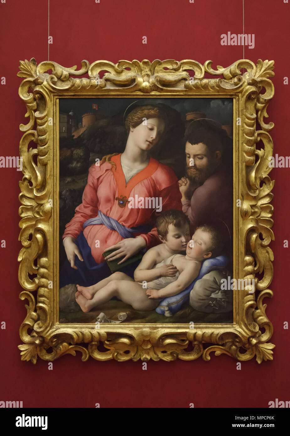 Peinture 'Le retour d'Égypte' ('La Sainte Famille Panciatichi') par le peintre maniériste italien Agnolo Bronzino daté de circa 1540 sur l'affichage dans la galerie des Offices (Galleria degli Uffizi), à Florence, Toscane, Italie. Banque D'Images