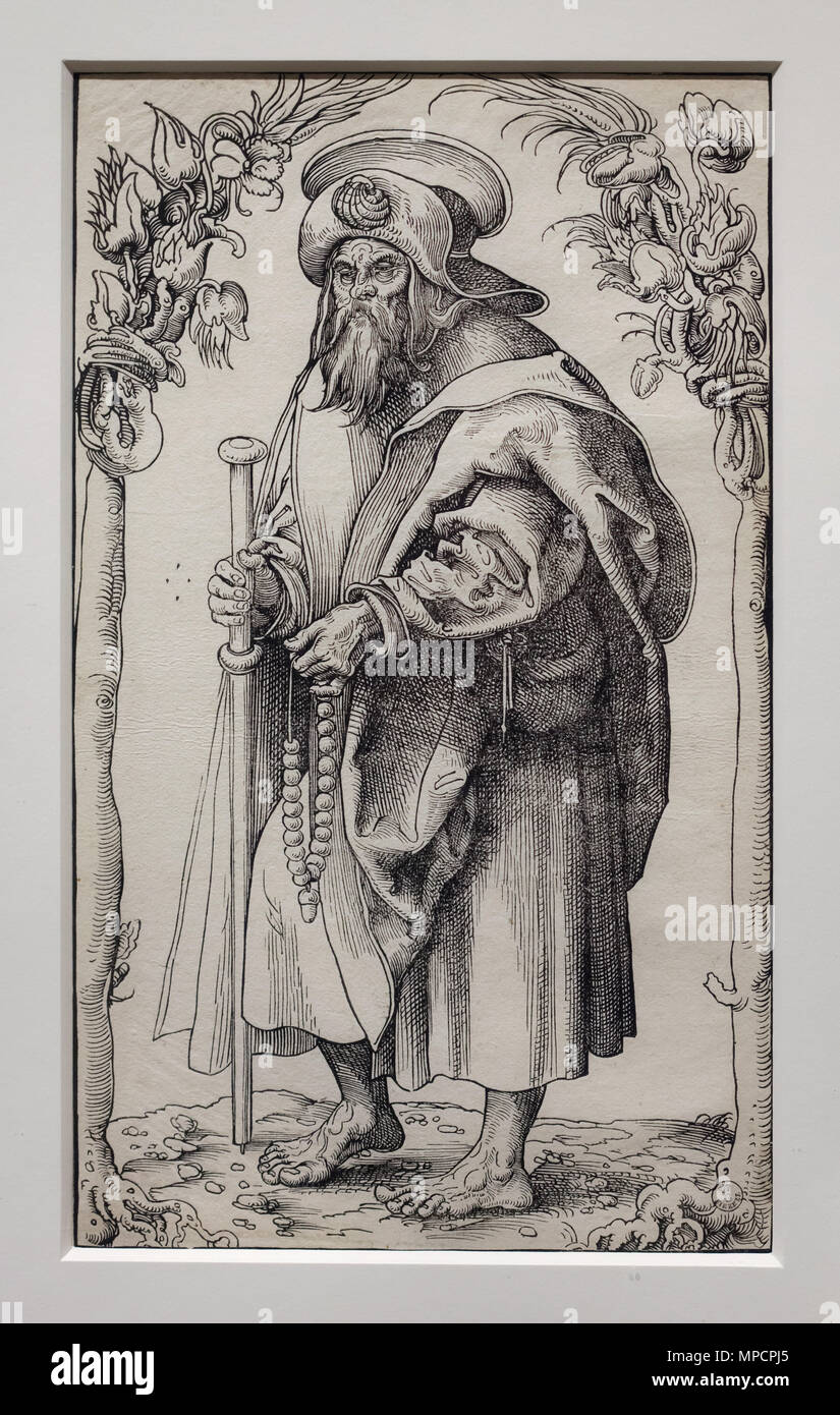Saint Jacques le Majeur. Gravure sur bois à partir de la série "Le Christ et les 12 apôtres' par l'artiste de la Renaissance allemande Lucas Cranach l'ancien datait de 1510-1515 sur l'affichage dans la galerie des Offices (Galleria degli Uffizi), à Florence, Toscane, Italie. Banque D'Images
