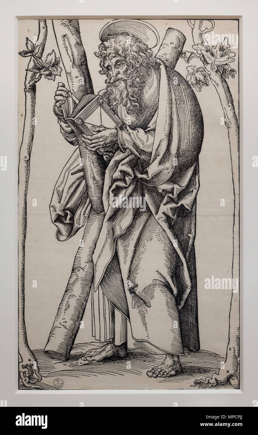 L'Apôtre Saint André. Gravure sur bois à partir de la série "Le Christ et les 12 apôtres' par l'artiste de la Renaissance allemande Lucas Cranach l'ancien datait de 1510-1515 sur l'affichage dans la galerie des Offices (Galleria degli Uffizi), à Florence, Toscane, Italie. Banque D'Images