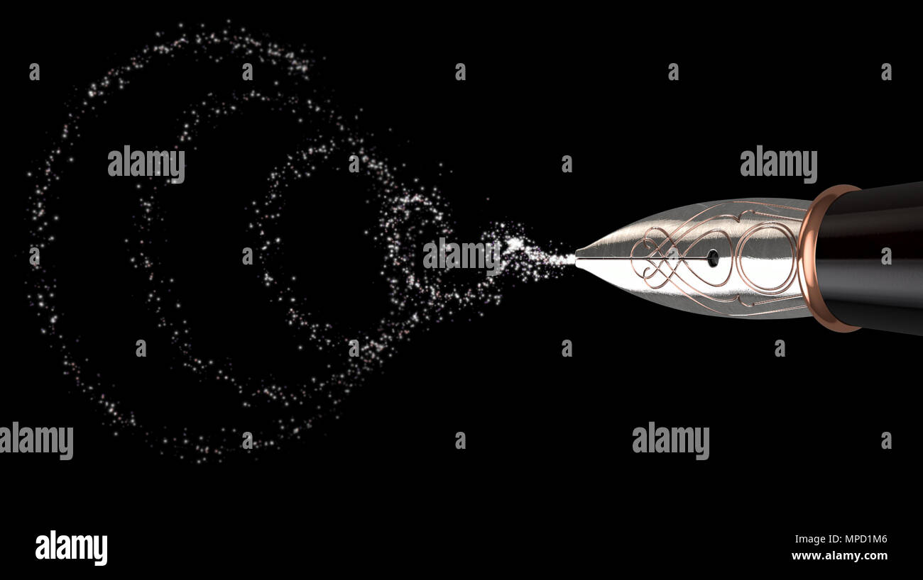 Une vue rapprochée d'un métal orné d'une vieille plume stylo dessin une forme en spirale de l'étincelle dans l'air - 3D render Banque D'Images