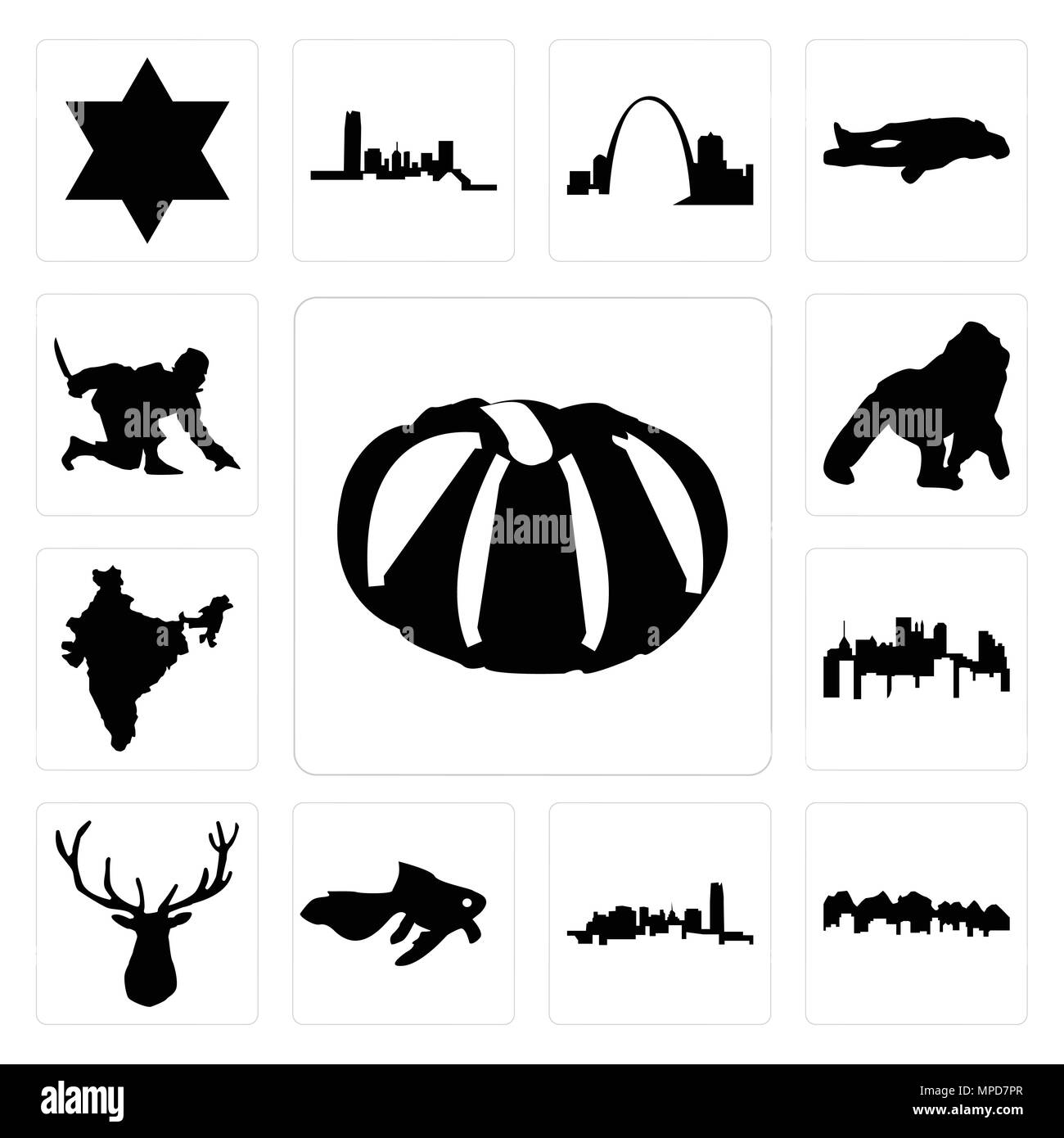 Ensemble de 13 icônes modifiable simple comme la citrouille, Utah, Washington, cyprin doré, elk head, Pennsylvania State, l'Inde, le gorille, le ninja peut être utilisé pour le mobile, Illustration de Vecteur